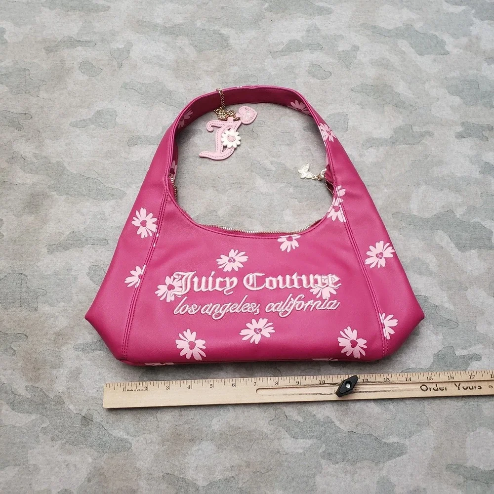 Juicy Couture Purse Womens Pink Leather Embroidered Daisy For Justice W/ Charm